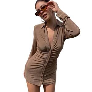With Jean Women's Andy Dress in Latte brown button ruched size Small